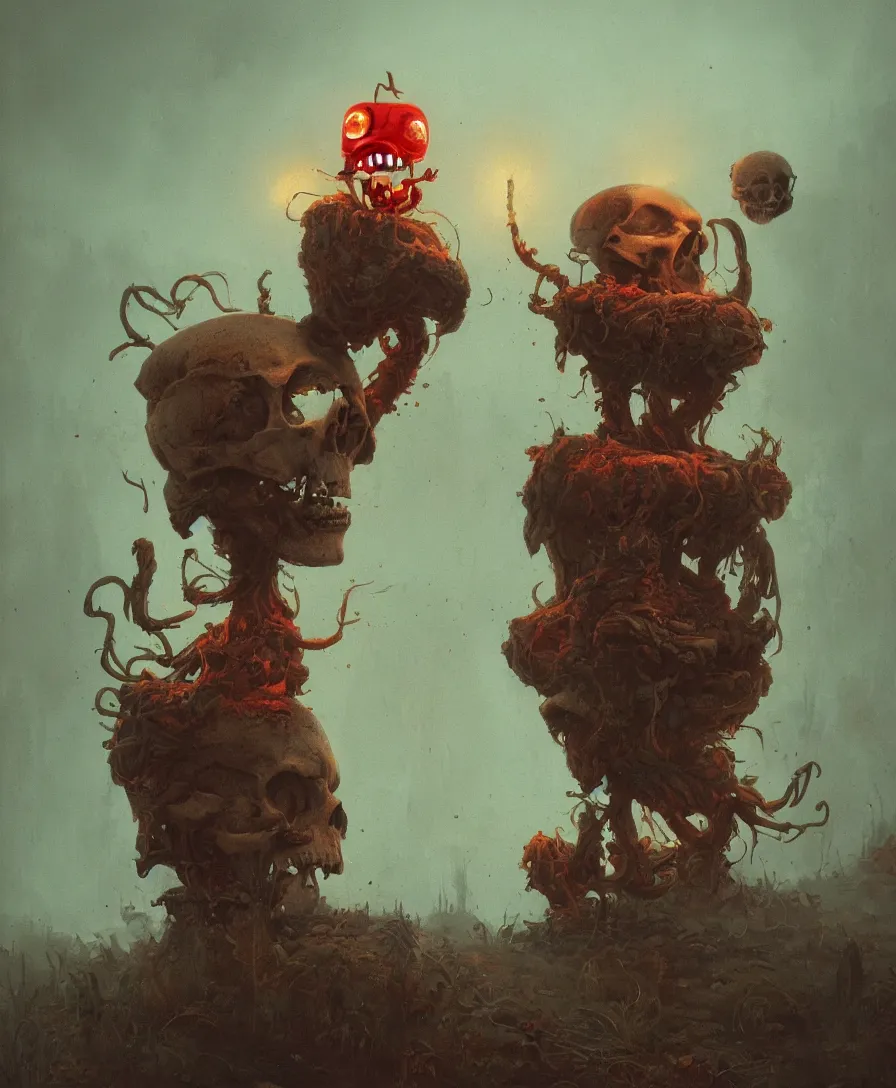 Image similar to skull clown, illustrated by Simon Stålenhag and Gaston Bussiere, 35mm lens, rule of third, beautiful volumetric-lighting-style atmosphere, intricate, ultra detailed, photorealistic imagery, trending on artstation, 4k, 8k