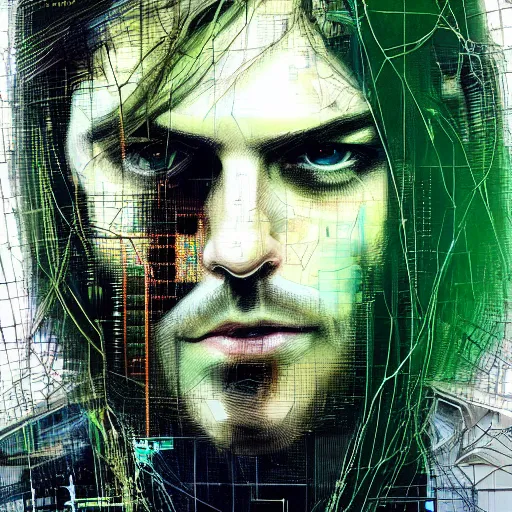 Image similar to hyperrealistic portrait of a cyberpunk man, long hair, confident, cybernetics, immersed within a network, by Guy Denning, Derek Gores, Russ Mills, glitch art, hyper focus, fined detail, polished, complex, hacking effects, holographic, digital tech effects, color blocking!, green, realistic, acrylic on canvas, concept art, abstract!, 8k, concept art, octane, cgsociety, trending on artstation