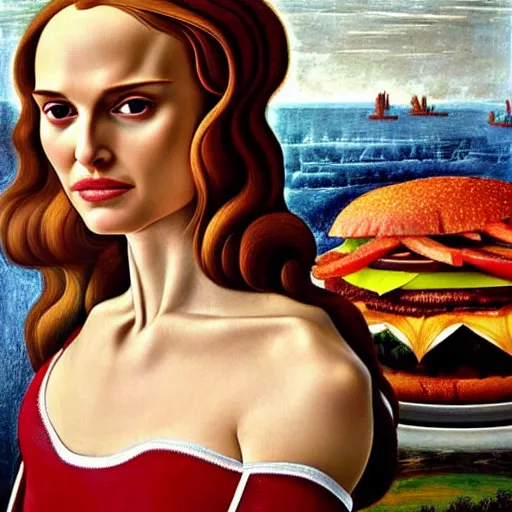 Image similar to Natalie Portman eats a baconator, portrait by Sandro Botticelli, sci-fi, amber eyes, beautiful face, appealing long hair, fantasy, Wendy's Baconator, BBQ Sauce, intricate, elegant, highly detailed, digital painting, artstation, concept art, smooth, sharp focus, oil painted illustration by Sandro Botticelli