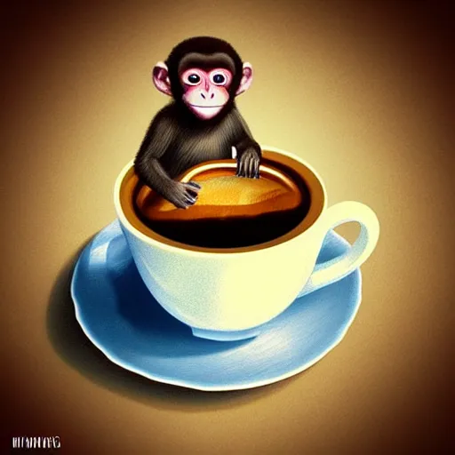 Prompt: “tiny monkey living in a coffee cup, studio lighting, award winning, digital art, artstation”