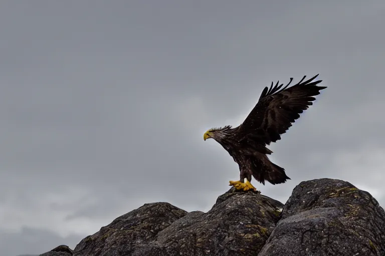 Image similar to a wideangle colorchrome supersharp photo of a white - tailed eagle, 3 0 0 mm lens, stormy sky