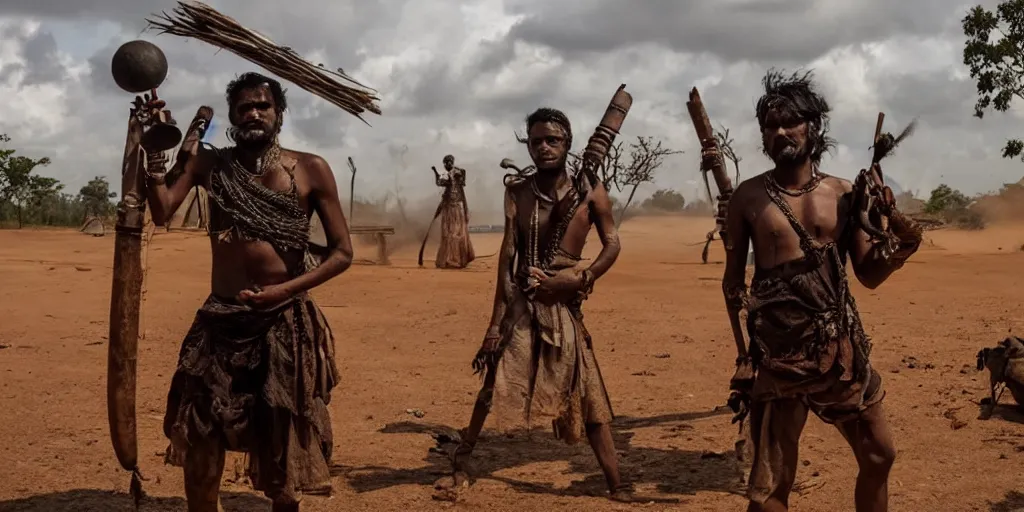Prompt: sri lankan mad max style, playing bongo drum, film still, epic shot cinematography, rule of thirds
