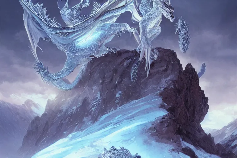 Image similar to Ice Dragon on a beautiful fantasy landscape, mountainside, winter, moonlit, HD, illustration, epic, D&D, fantasy, intricate, elegant, highly detailed, digital painting, artstation, concept art, smooth, sharp focus, illustration, wallpaper, art by artgerm and greg rutkowski and alphonse mucha and jin xiaodi