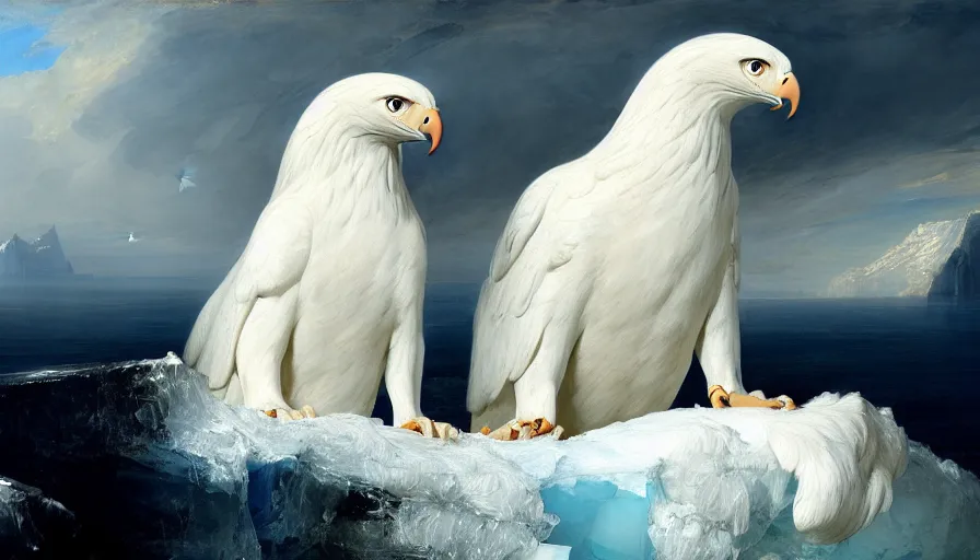 Image similar to highly detailed painting of white giant eagle cat seals on a blue and white iceberg by william turner, by greg rutkowski, by william constable, thick brush strokes and visible paint layers, 4 k resolution