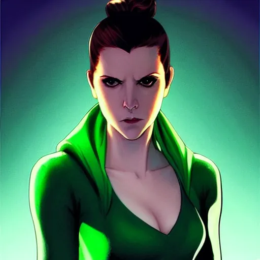 Image similar to Phil Noto comic art, artgerm, cinematics lighting, beautiful Anna Kendrick supervillain Enchantress, green dress with a black hood, angry, symmetrical face, Symmetrical eyes, full body, flying in the air over city, night time, red mood in background