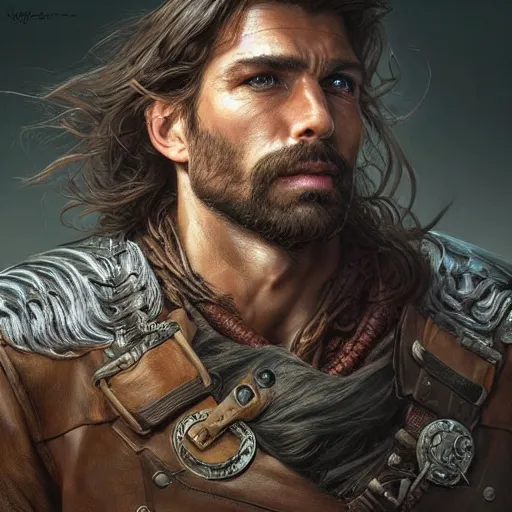 Image similar to portrait of a young, ruggedly handsome ranger, muscular, half body, leather, hairy, d & d, fantasy, intricate, elegant, highly detailed, digital painting, artstation, concept art, smooth, sharp focus, illustration, art by artgerm and greg rutkowski and alphonse mucha