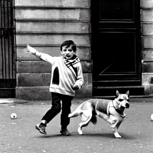 Image similar to a french boy on the streets of paris playing football against a corgi, the dog is wearing a polka dot scarf, book illustration, 1 9 6 6