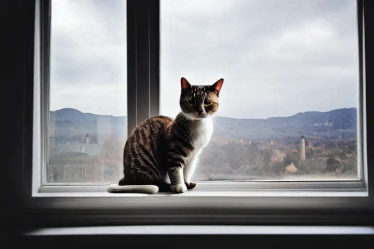 Prompt: cat sitting on the windowsill wrapped in a plaid, Mushroom cloud far behind