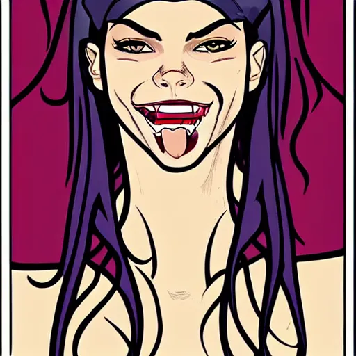 Prompt: Jamie McKelvie comic art, art nouveau, loish, Alphonse Mucha, pretty female Samara Weaving vampire, very sharp vampire fangs teeth, bloody face, sarcastic smile, symmetrical eyes, symmetrical face, brown leather jacket, jeans, long black hair, full body, bright colors, highly saturated