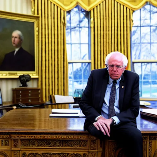 Image similar to bernie sanders sitting in the oval office, photo