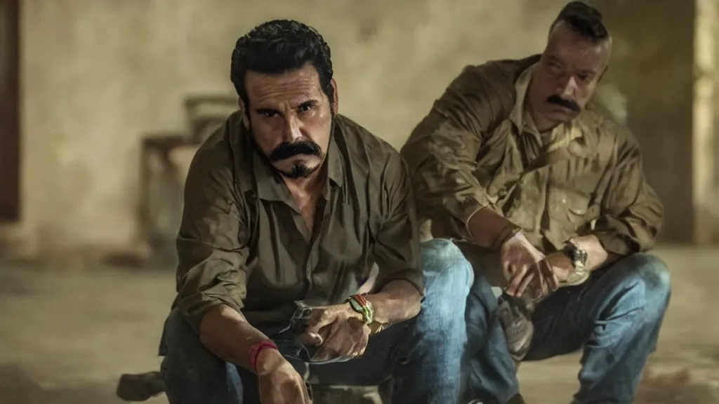 Image similar to A still of the drug kingpin El Mencho in the Narcos: Mexico TV show, yellow lighting