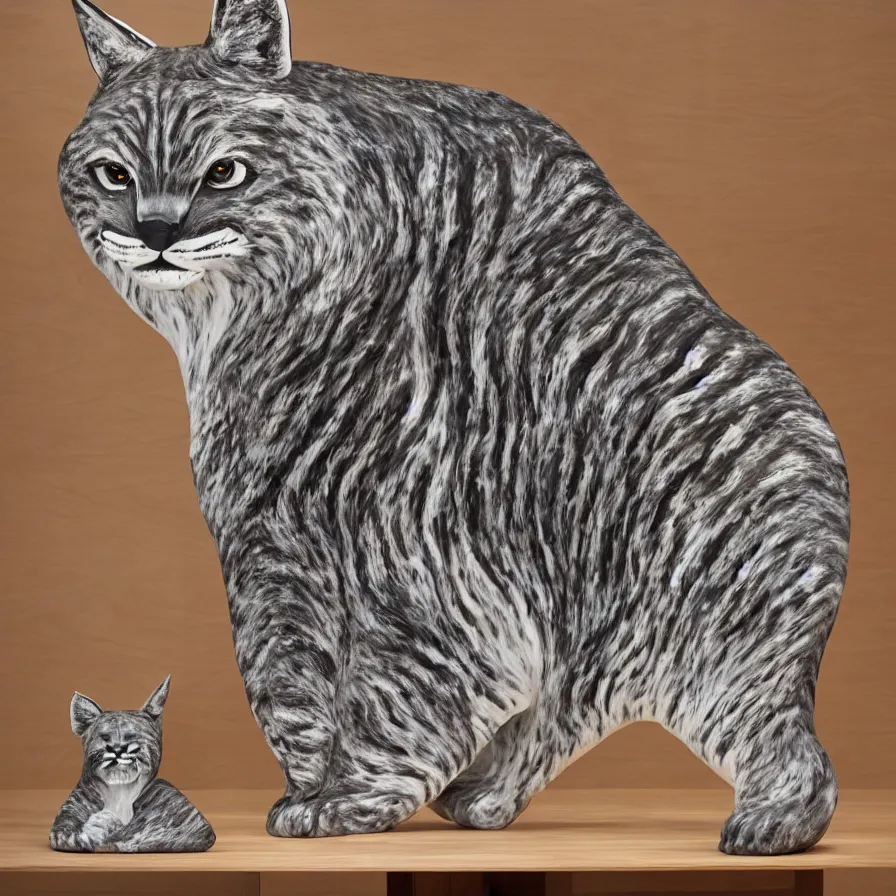 Image similar to beautiful gallery show studio photograph of a giant realistic curvy ceramic sculpture of a hungry bobcat!!!!!, glazed by bridget riley and victor vasarely, placed on a polished wooden table, colorful hyperrealism 8 k trending on artstation