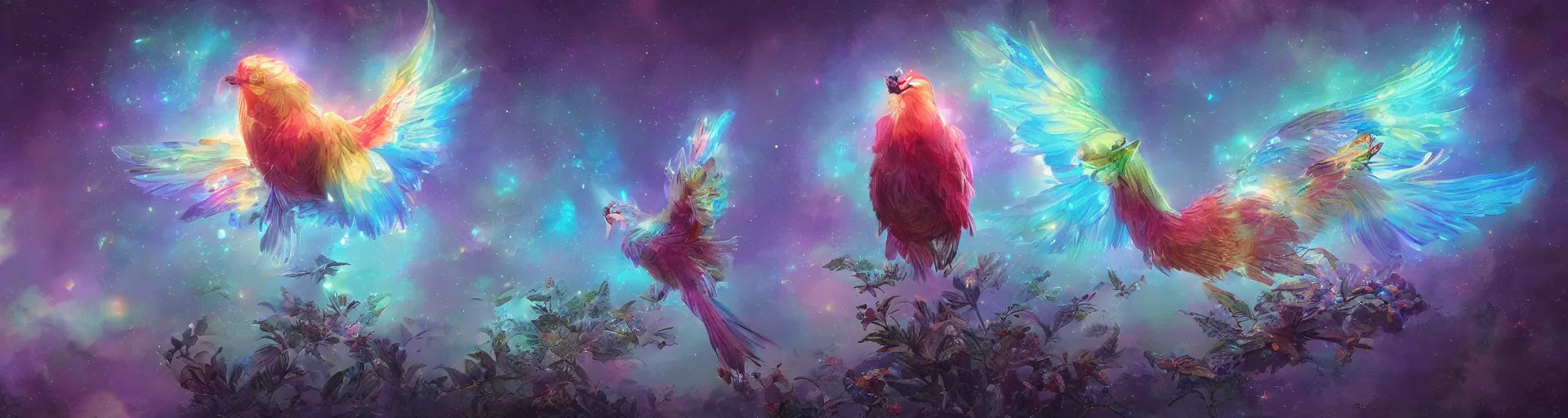 Image similar to a crystal bird bird, psychedelic, 4k, underneath the stars, rainbow fireflies, trending on patreon, deviantart, twitter, artstation, volumetric lighting, heavy contrast, art style of Greg Rutkowski and Miho Hirano and Ross Tran