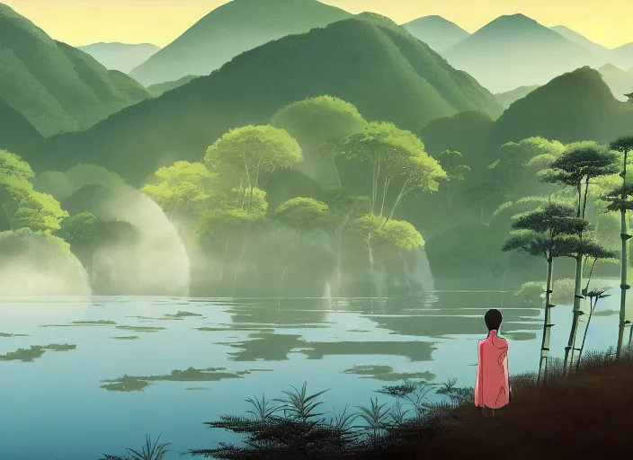 Image similar to misty japanese bamboo forest, lake foreground, large distant mountain with waterfall, sunny, cartoony, stylized anime, sun rays, soft, moody lighting, by hayao miyazaki, ghibli studio, makoto shinkai, toei animation, studio trigger, trending on artstation, 4 k, hd
