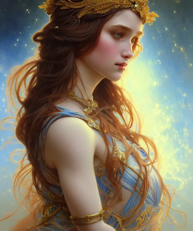 Image similar to young goddess, portrait, blue eyes, beautiful face, long hair, fantasy, ornamental, intricate, elegant, sensual, highly detailed, digital painting, artstation, concept art, smooth, sharp focus, illustration, art by artgerm and Greg Rutkowski and Alphonse Mucha