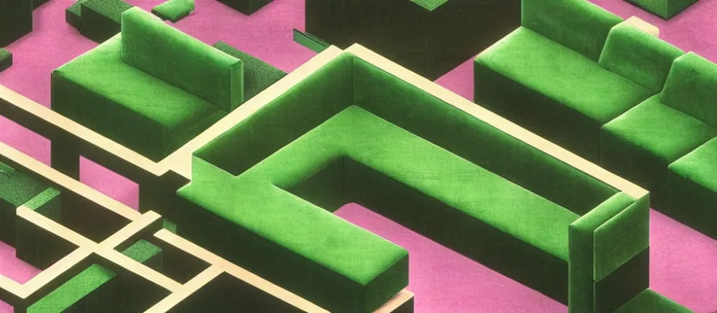 Image similar to huge sprawling gargantuan angular dimension of infinite indoor landscape 7 0 s green velvet and wood with metal furniture office. surrealism, mallsoft, vaporwave, 7 0 s office furniture catalogue, shot from above, epic scale by escher