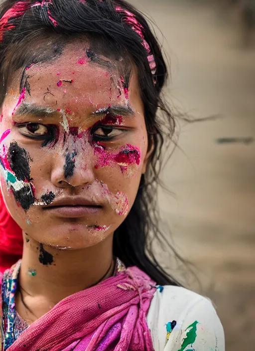 Prompt: Mid-shot portrait of a beautiful 25-year-old woman from Nepal, with smudges of paint on her face, attending Nepal Festival, candid street portrait in the style of Martin Schoeller detailed, award winning, Sony a7R