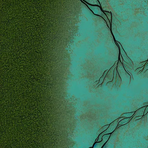 Prompt: Mangrove swamp tangled mangrove roots on a muddy shore, ground texture, flat top-down view. Matte painting, simple cartoon style