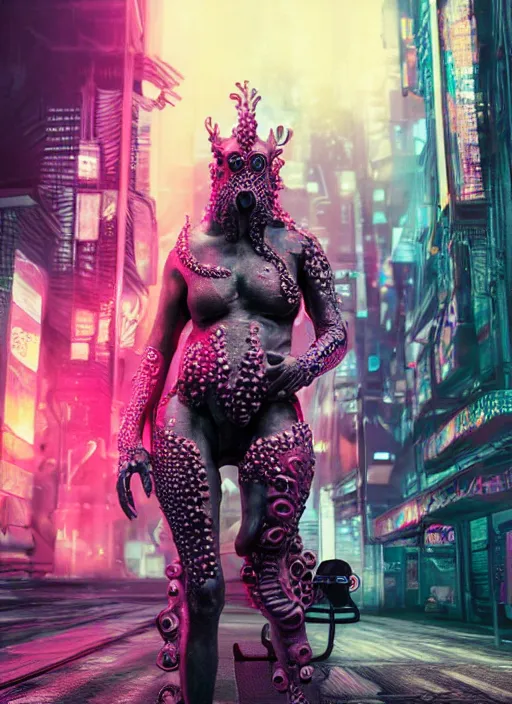 Image similar to hyperrealism, detailed textures, photorealistic 3 d cyberpunk octopus queen in apocalyptic city, futuristic clothing and helmet, neon colors, ultra realistic, cinematic, intricate, low light, unreal engine 8 k