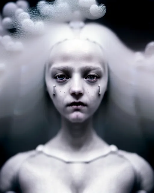 Image similar to monochrome, delicate, dreamy, feminine, subsurface scattering, white, young beautiful robot - cyborg in cosmos long white hair floating in air, fluid smoke art, black and white, octane render, dino valls, mark ryden, joe fenton, michal karcz, highly detailed, rim light, art, cinematic lighting, hyper realism, 8 k