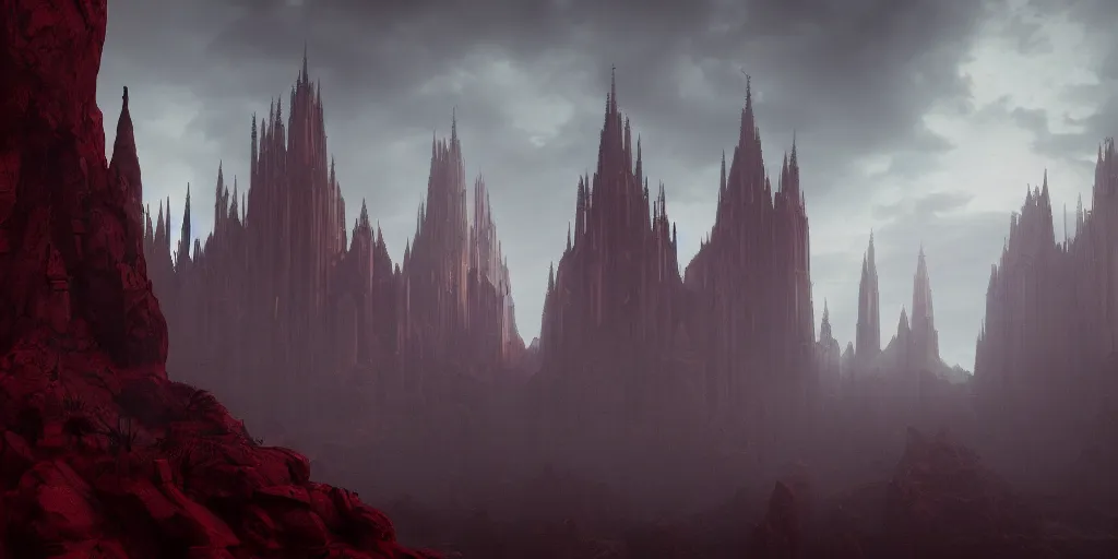 Image similar to dramatic render of a cathedral, gothic architecture, tall spires, top of a red rock canyon, vultures, 24mm angle, concept art by studio ghibli and eddie mendoza, atmospheric, moody, dark, cinematic, volumetric lighting, 8K