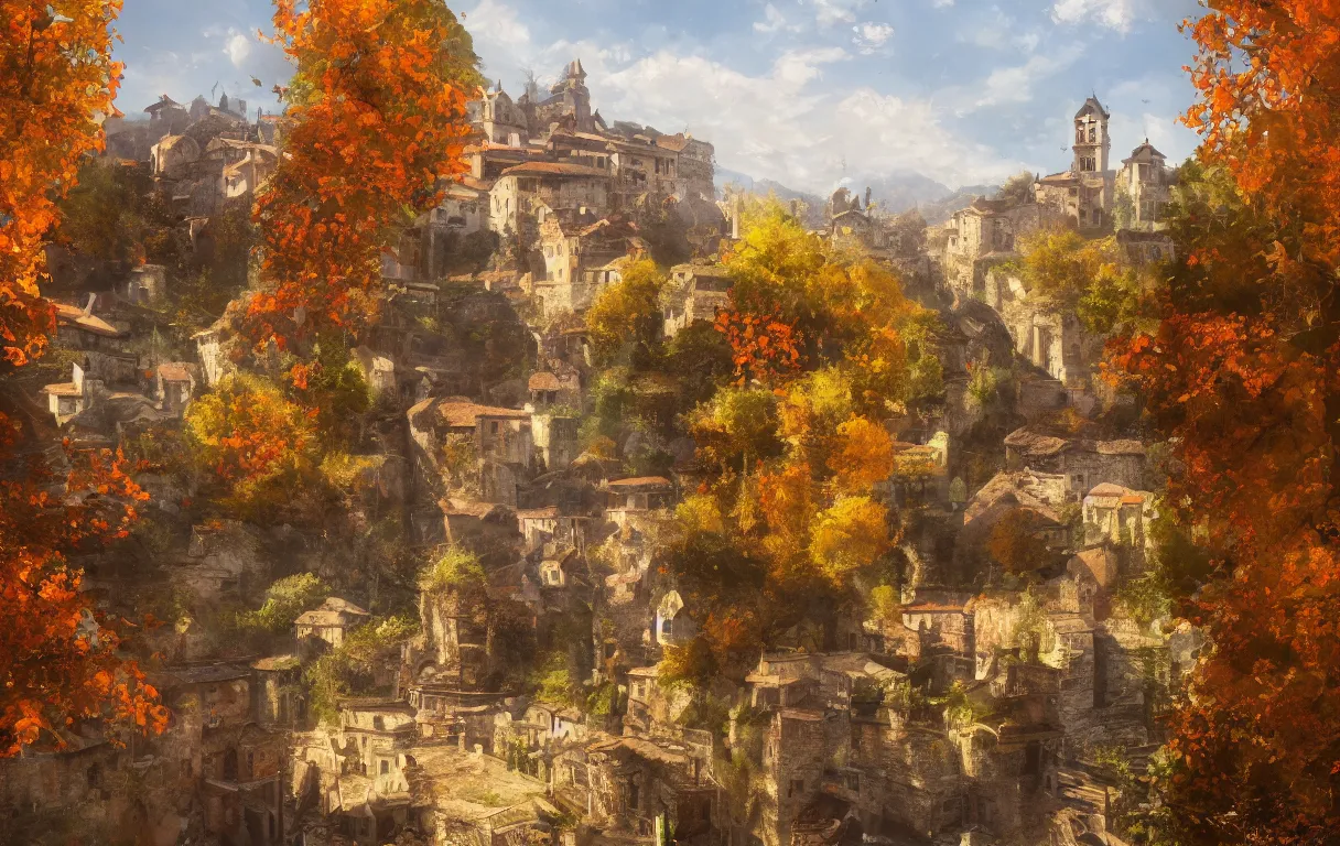 Prompt: high quality concept art from a historical fiction video game set in italy, a village in autumn, beautiful oil painting, concept art, trending on artstation, 4 k hd, 3 5 mm f / 5. 0