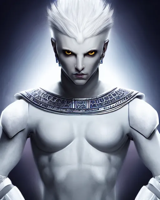 Image similar to perfect white haired egyptian male god, brute, fantasy nanosuit skin armor, beautiful, symmetric, dreamy, half african, black salamander eyes, charlize theron, detailed, scifi platform, laboratory, experiment, 4 k, ultra realistic, epic lighting, android body, illuminated, cinematic, masterpiece, art by akihito tsukushi, voidstar