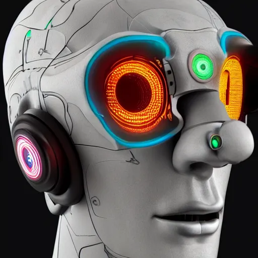 Prompt: a claymodel of a dieselpunk aztec futuristic robot head wearing an emotiv eeg - headset, 8 k, front shot, symetrical, flourescent colors, halluzinogenic, multicolored, insanely detailed, front shot, 3 d render, octane