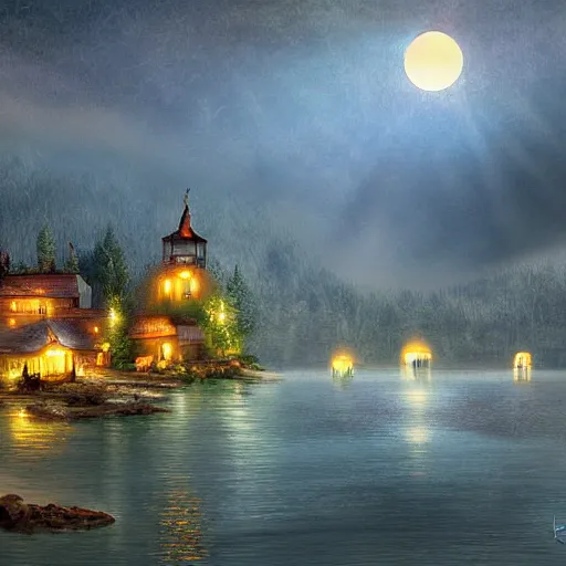 Image similar to a lamplit village on the coast of a lake, deep underground digital art