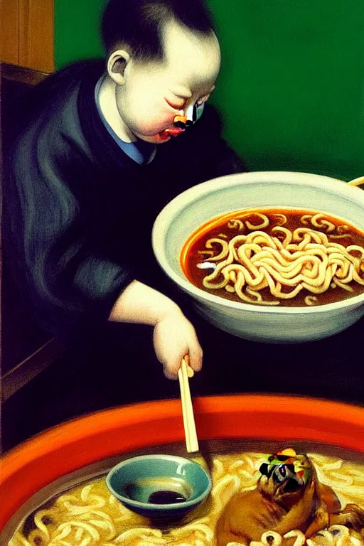 Image similar to evil hungry giant baby eating a huge bowl of ramen in new york city, traditional chinese restaurant, hauntingly surreal, highly detailed painting by francis bacon, edward hopper, adrian ghenie, gerhard richter, and james jean soft light 4 k,