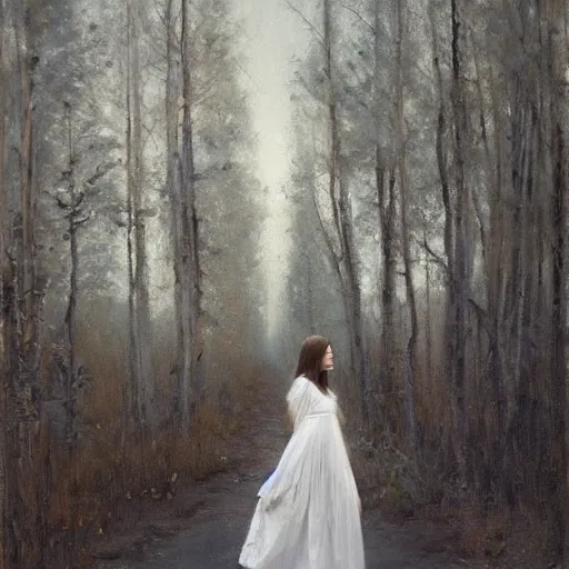 Image similar to woman with dark long hair in white dress, walking through aspen forest, jeremy lipking, joseph todorovitch