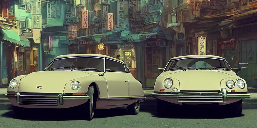 Prompt: a wholesome animation key shot of a focused 1974 citroen ds in the street, medium shot, studio Ghibli, Pixar and Disney animation, sharp, very detailed, high resolution, Rendered in Unreal Engine 5, anime key art by Greg Rutkowski, Bloom, dramatic lighting