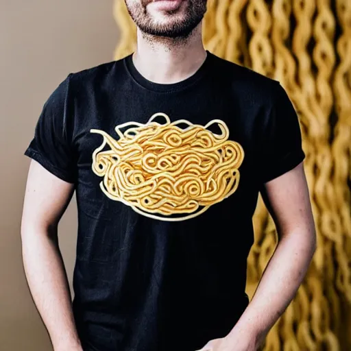 Image similar to a man wearing a funny tshirt with ramen noodles that says send noods