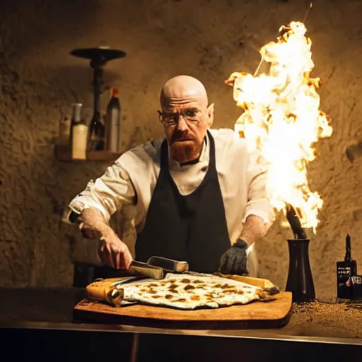 Prompt: walter white making pizza!!! margherita! with a blowtorch!! in the desert, dramatic lighting, still from breaking bad