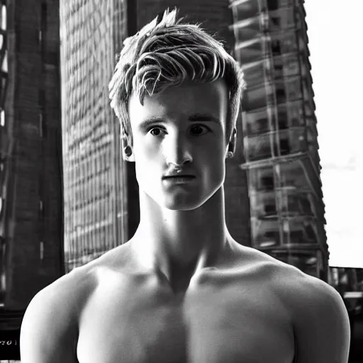 Image similar to “a realistic detailed photo of a guy who is an attractive humanoid who is half robot and half humanoid, who is a male android, Jack Laugher, shiny skin, posing like a statue, blank stare”