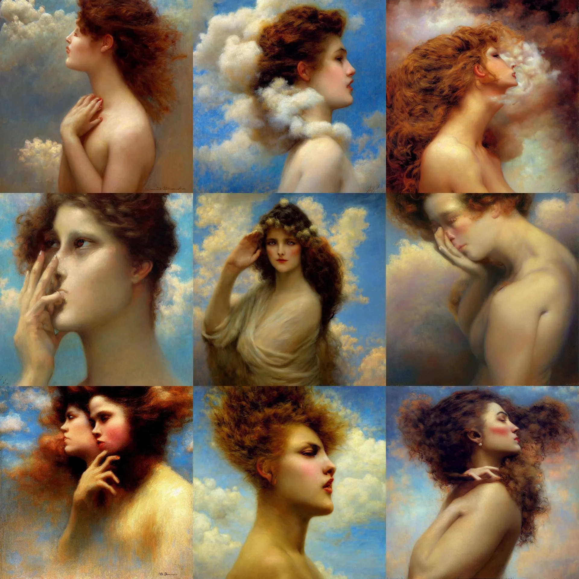Prompt: surreal painting of the side view of a beautiful woman's face made of fluffy clouds, hands touching her face, unusual color palette painted by gaston bussiere, symmetrical face, defined facial features, symmetrical facial features, dramatic lighting