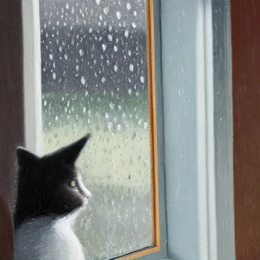 Prompt: two cats, one white and one gray, looking out a window in the rain, painted by tor lundvall