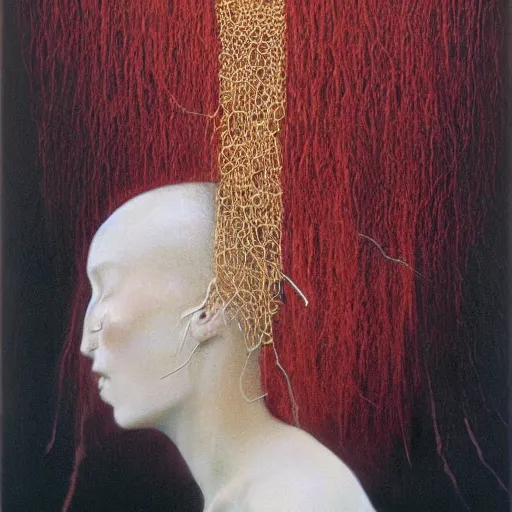 Image similar to portrait of a woman with red skin and white long hair, golden ornament jewelry, pieces of black ash floating in the air, surreal painting by Beksinski,