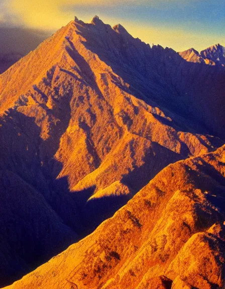 Image similar to vintage color photo of Cordillera De Los Andes covered in liquid gold reflecting light, 8k definition