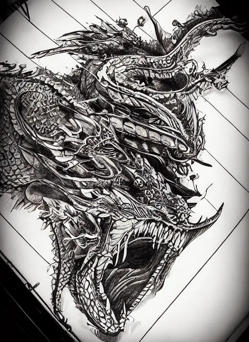 Image similar to highly detailed picture of great dragon, sketch tattoo, edge of the universe, perfectly symmetrical face, highly detailed, masterpiece, trending on artstation, golden ratio, cinematic romantic magical, perfect intricate