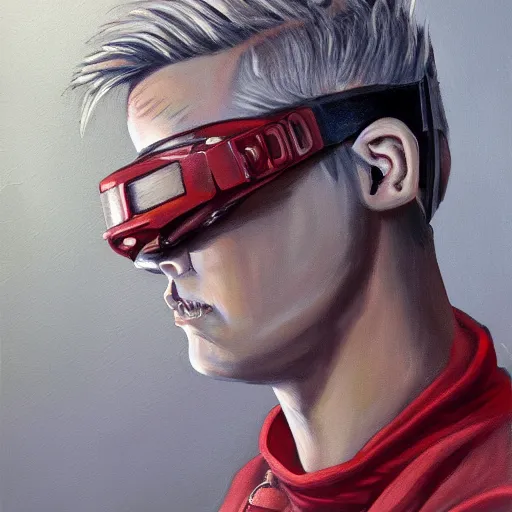 Image similar to painting of square - jawed emotionless serious blonde woman starship engineer, tribal tattoos, handsome, short slicked - back hair, sweating, uncomfortable and anxious, looking distracted and awkward, wearing victorian dark goggles, white tank top, cargo pants, and gloves, small spacecraft in background, highly detailed, mike mignogna, trending on artstation