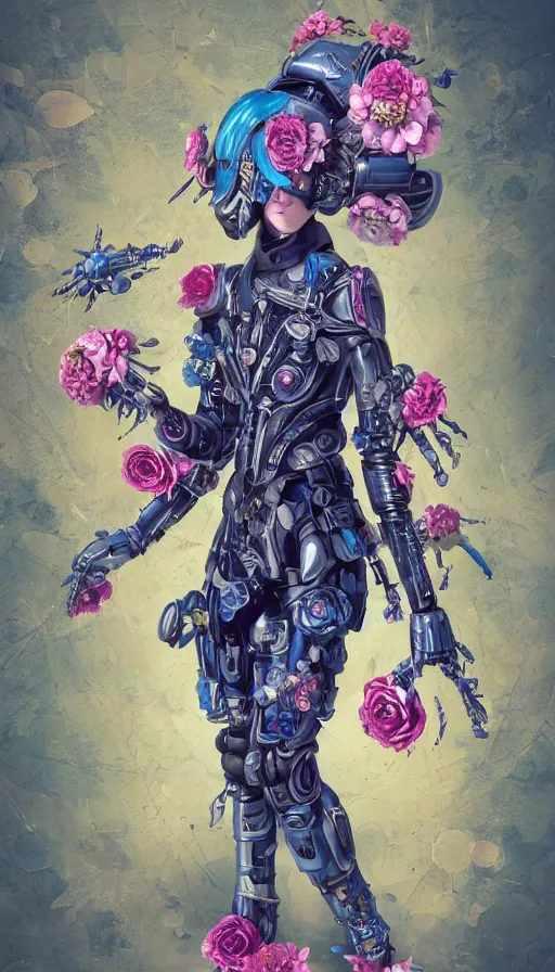 Image similar to full body head to toe portrait of a flowerpunk sci-fi cyborg ninja, third person, D&D, sci-fi fantasy, intricate, blue and gold, daisy and rose and miniature peony, highly detailed, art by Range Murata, highly detailed, 3d, octane render, bright colors, digital painting, trending on artstation, sharp focus, illustration style of Stanley Artgerm, dramatic background