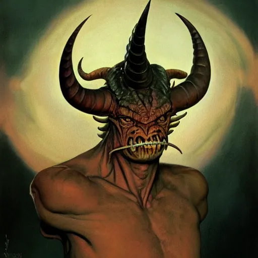 Image similar to upper body portrait a giant horned demon, by norman rockwell and boris vallejo, artstation, concept creature character art