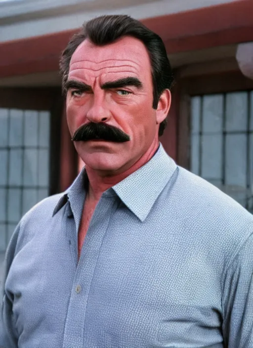 Image similar to film still of tom selleck as a simpsons character, gameplay, 8 k, hd