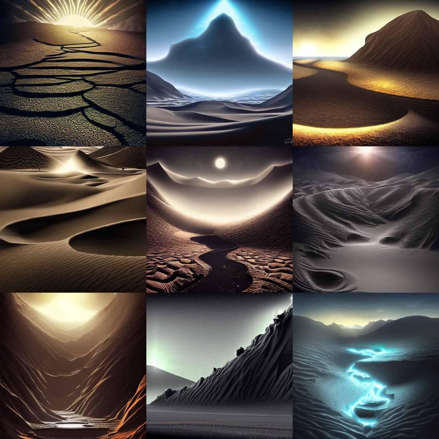 Prompt: A desert of black sand and an oasis of light. Dark fantasy, digital art, HD, detailed.