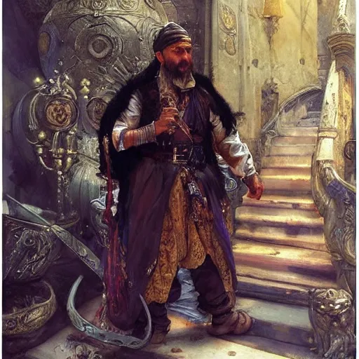 Prompt: highly detailed portrait of a wealthy kurdish merchant d & d. art by donato giancola, eugene delacroix, ruan jia, carl larsson, peter mohrbacher. trending on artstation, intricate details, energetic composition, fantasy, concept art, illustration, elegant art, global illuminaition