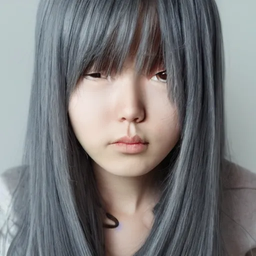 Prompt: shy anime girl with long gray hair