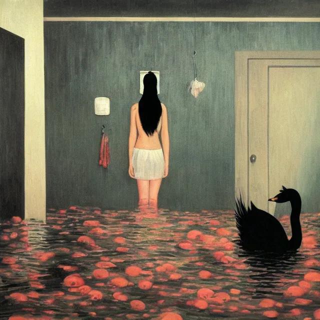 Image similar to tall female emo artist in her flooded apartment, water gushing from ceiling, painting of flood waters inside an artist's home, a river flooding indoors, pomegranates, pigs, ikebana, zen, water, octopus, river, rapids, waterfall, black swans, canoe, berries, acrylic on canvas, surrealist, by magritte and monet