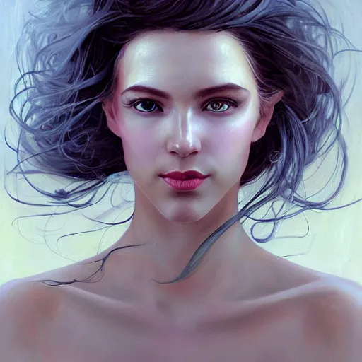 Prompt: facial portrait of a young pretty woman in flowing dress, arrogant, mysterious, long fine flowing hair, delicate, looking at camera, slightly awkward smile, realistic face, no hands visible, intricate, stylish, elegant, grimdark fantasy, vibrant, extremely detailed painting by Greg Rutkowski and Steve Henderson and Harumi Hironaka