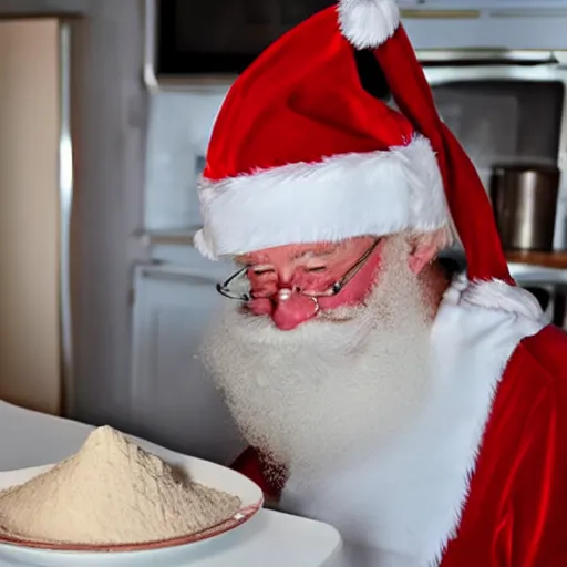 Prompt: santa clause sniffing flour off the table